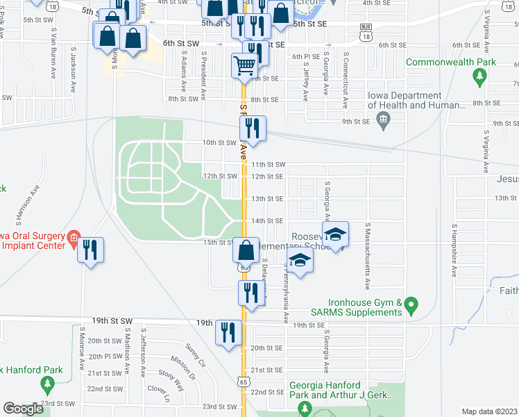 map of restaurants, bars, coffee shops, grocery stores, and more near 1312 South Delaware Avenue in Mason City