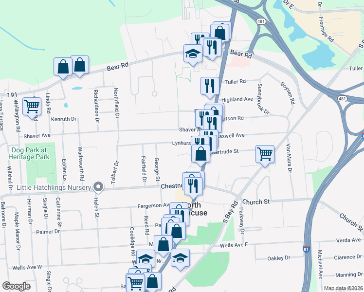map of restaurants, bars, coffee shops, grocery stores, and more near 119-121 Lynhurst Avenue in North Syracuse