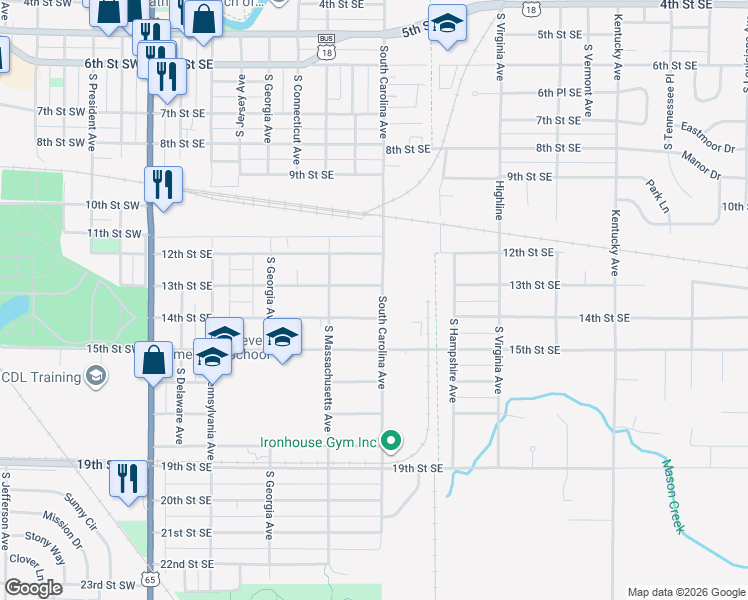 map of restaurants, bars, coffee shops, grocery stores, and more near 532 14th Street Southeast in Mason City