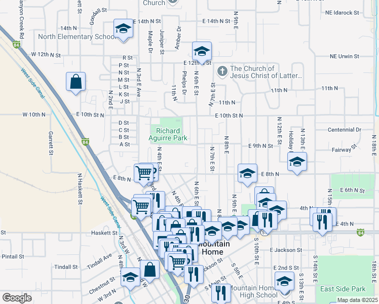 map of restaurants, bars, coffee shops, grocery stores, and more near 895 North 6th East Street in Mountain Home