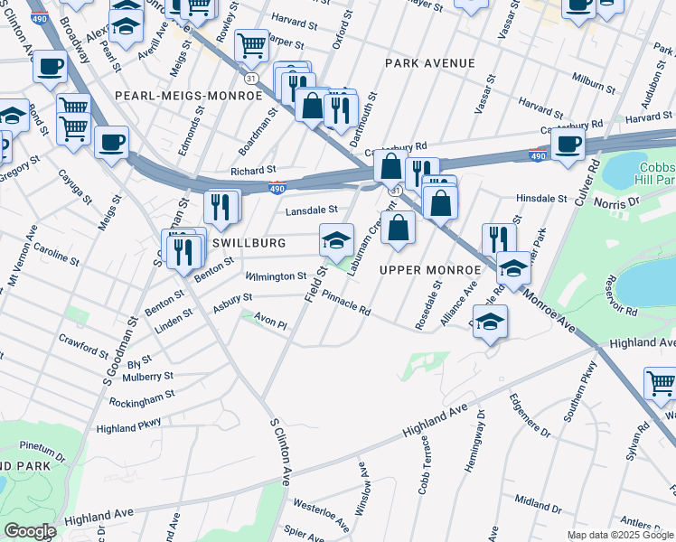 map of restaurants, bars, coffee shops, grocery stores, and more near 194 Field Street in Rochester