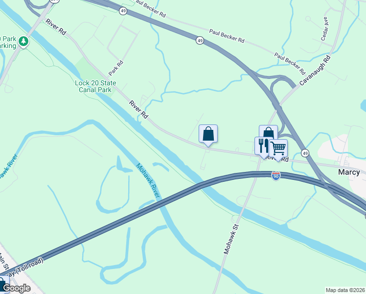 map of restaurants, bars, coffee shops, grocery stores, and more near 9152 River Road in Marcy