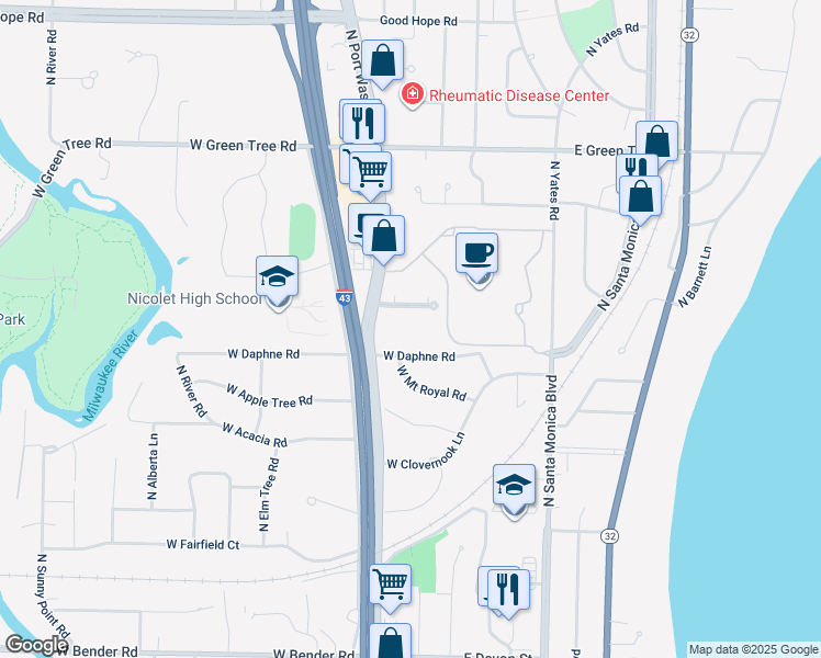 map of restaurants, bars, coffee shops, grocery stores, and more near 255 West Coventry Court in Glendale
