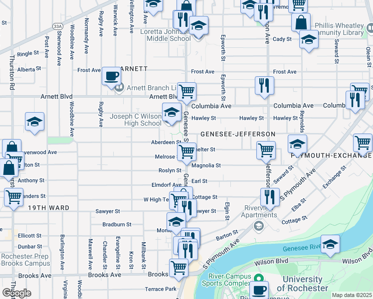 map of restaurants, bars, coffee shops, grocery stores, and more near Genesee Street & Shelter Street in Rochester