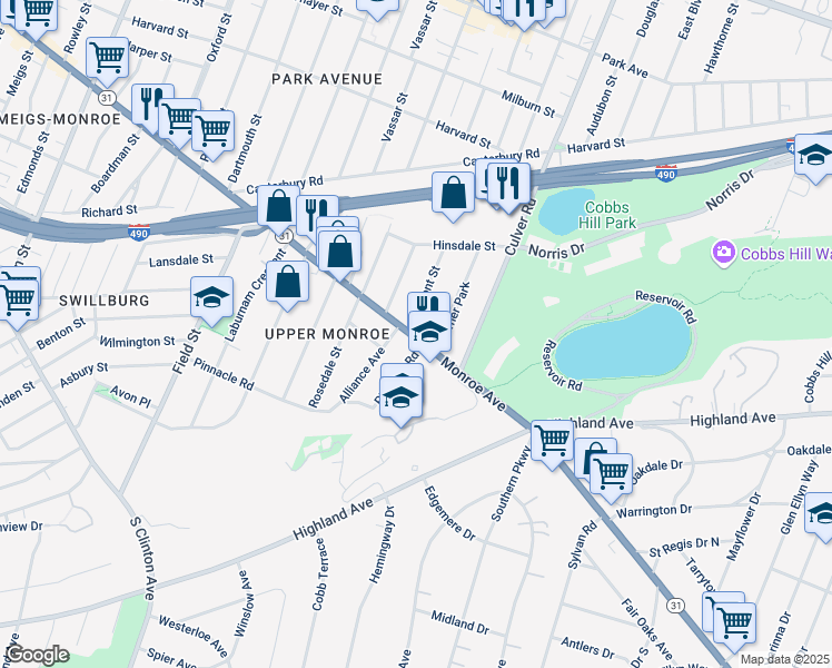 map of restaurants, bars, coffee shops, grocery stores, and more near 1110 Monroe Avenue in Rochester