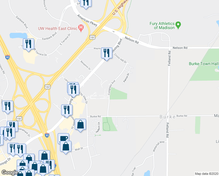 map of restaurants, bars, coffee shops, grocery stores, and more near 5358 Congress Avenue in Madison