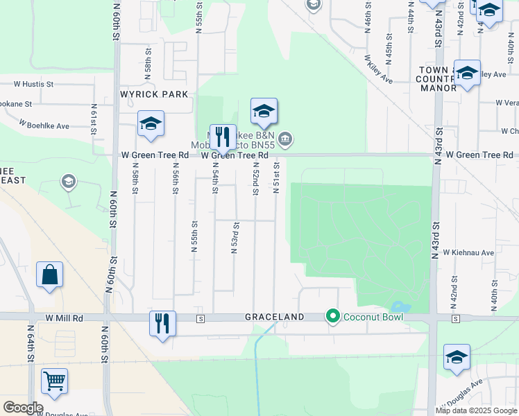 map of restaurants, bars, coffee shops, grocery stores, and more near 6656 North 52nd Street in Milwaukee