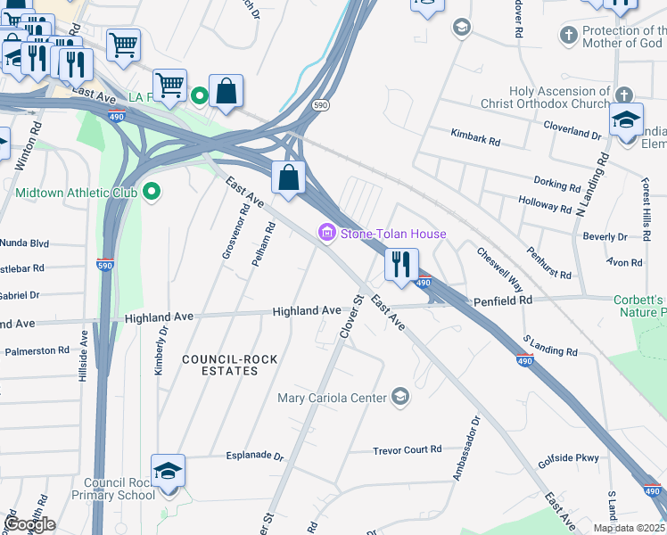 map of restaurants, bars, coffee shops, grocery stores, and more near 50 Council Rock Avenue in Rochester