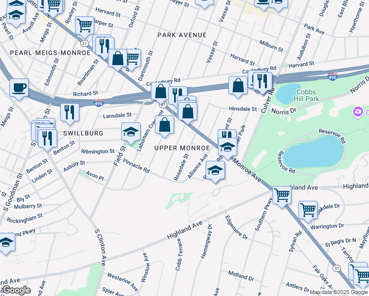 map of restaurants, bars, coffee shops, grocery stores, and more near 116 Rosedale Street in Rochester