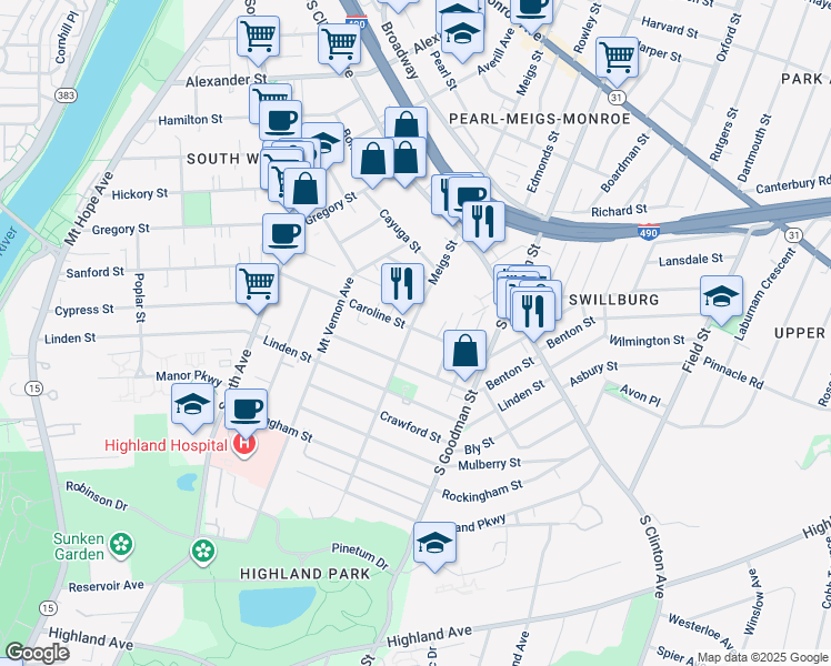 map of restaurants, bars, coffee shops, grocery stores, and more near 275 Caroline Street in Rochester