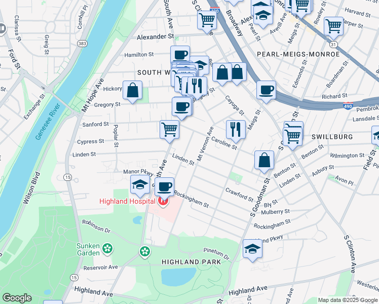 map of restaurants, bars, coffee shops, grocery stores, and more near 358 Linden Street in Rochester