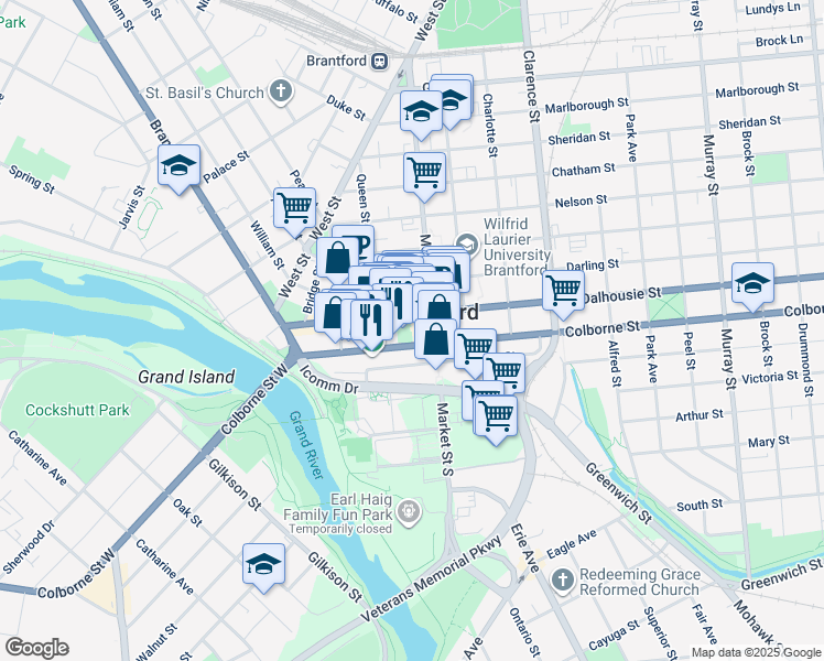 map of restaurants, bars, coffee shops, grocery stores, and more near 93 Dalhousie Street in Brantford