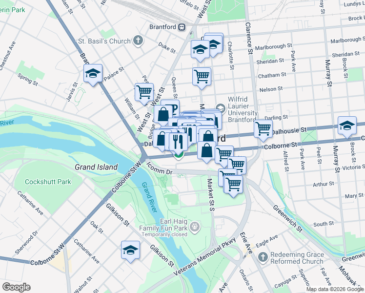 map of restaurants, bars, coffee shops, grocery stores, and more near 93 Dalhousie Street in Brantford