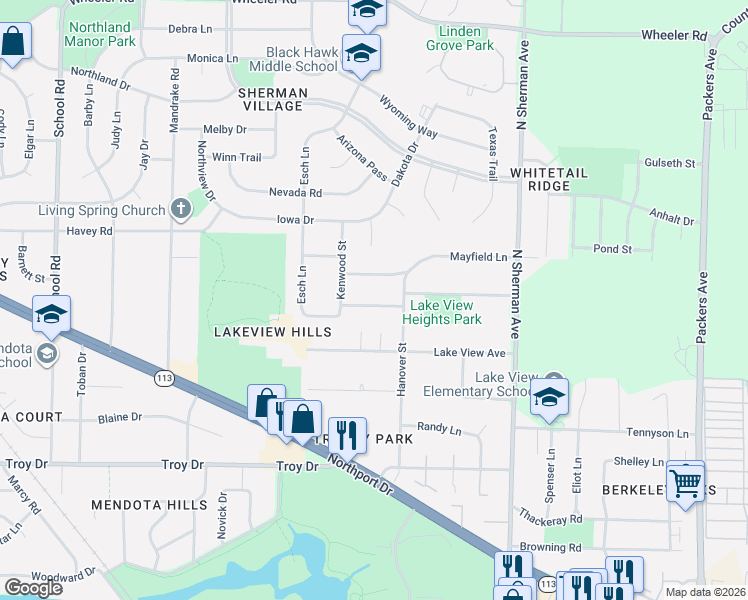 map of restaurants, bars, coffee shops, grocery stores, and more near 1509 Longview Street in Madison