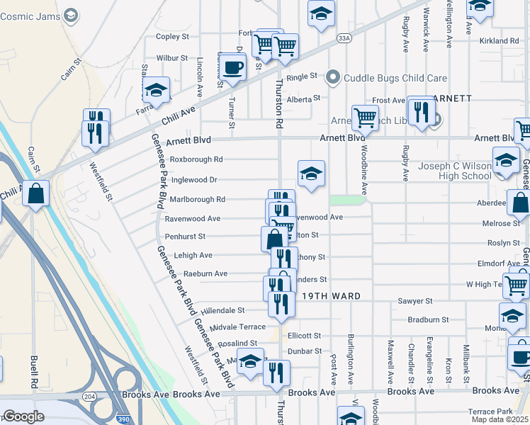 map of restaurants, bars, coffee shops, grocery stores, and more near 214 Ravenwood Avenue in Rochester