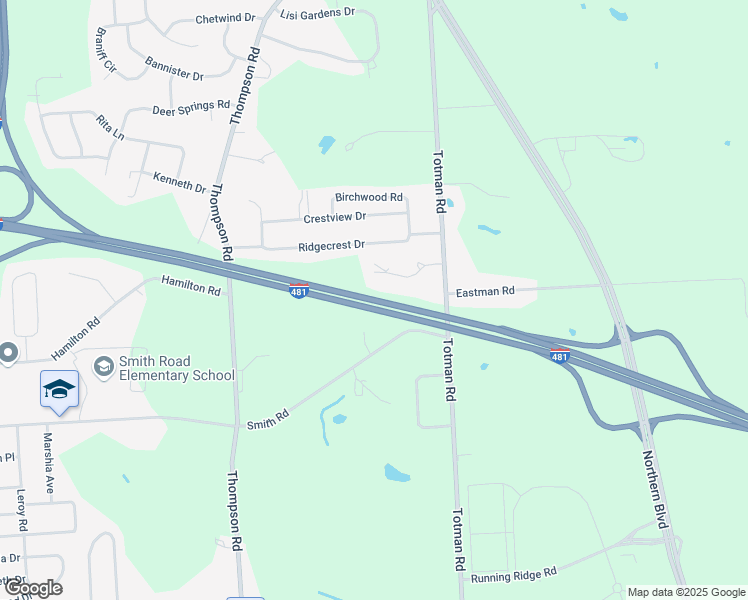 map of restaurants, bars, coffee shops, grocery stores, and more near Interstate 481 in Syracuse