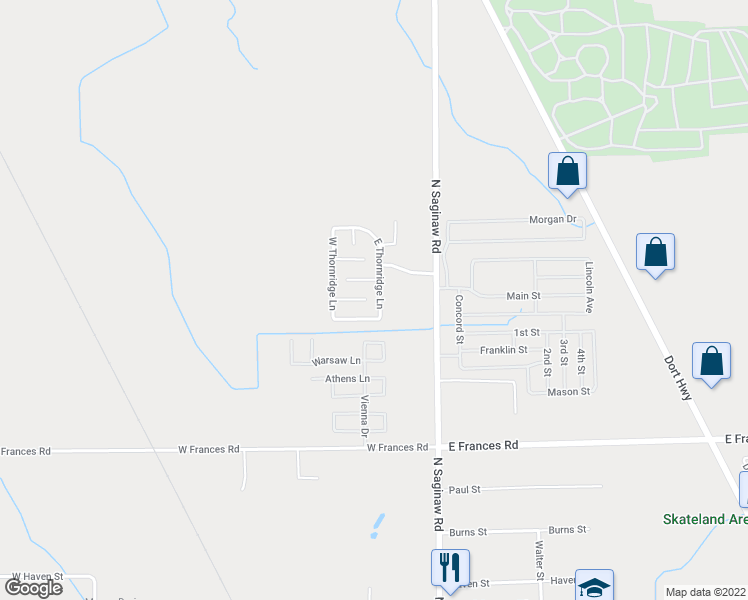 map of restaurants, bars, coffee shops, grocery stores, and more near 268 East Thornridge Lane in Mount Morris
