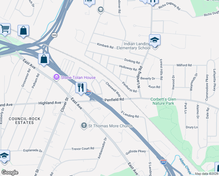 map of restaurants, bars, coffee shops, grocery stores, and more near 176 Greenaway Road in Rochester