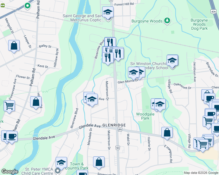 map of restaurants, bars, coffee shops, grocery stores, and more near 9 Masterson Drive in St. Catharines