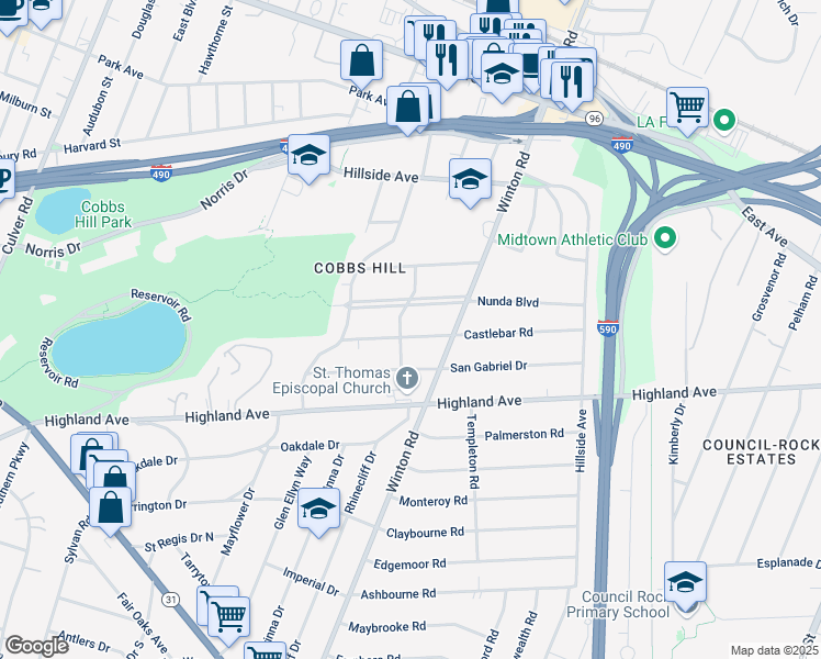 map of restaurants, bars, coffee shops, grocery stores, and more near 94 Castlebar Road in Rochester