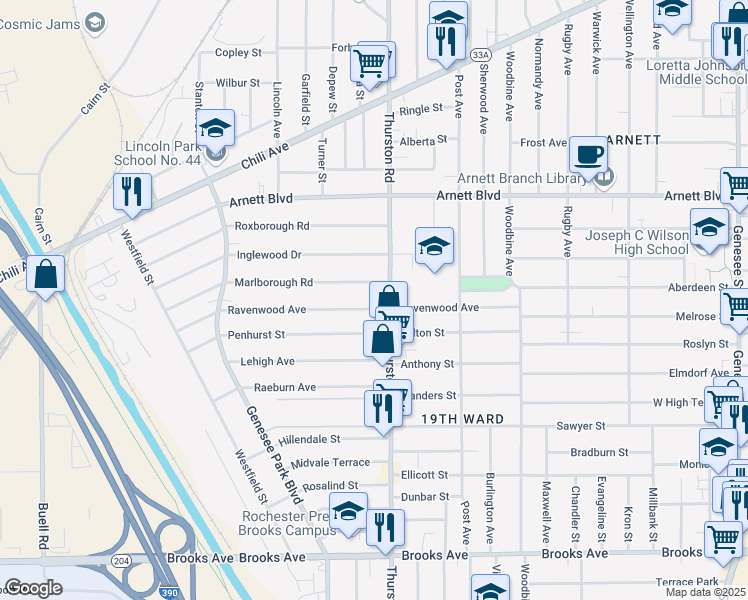 map of restaurants, bars, coffee shops, grocery stores, and more near 202 Ravenwood Avenue in Rochester