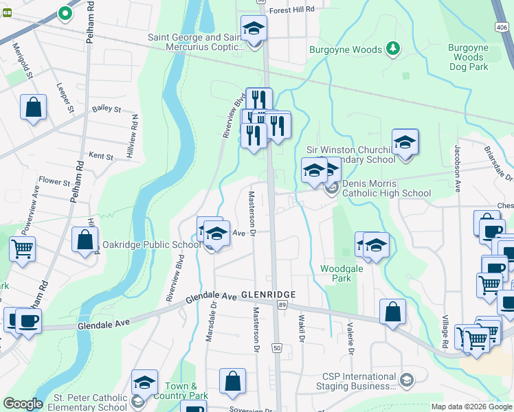 map of restaurants, bars, coffee shops, grocery stores, and more near 9 Masterson Drive in St. Catharines