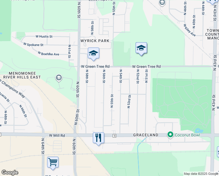 map of restaurants, bars, coffee shops, grocery stores, and more near 6643 North 55th Street in Milwaukee