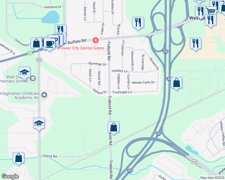 map of restaurants, bars, coffee shops, grocery stores, and more near 2 Courtright Lane in Rochester