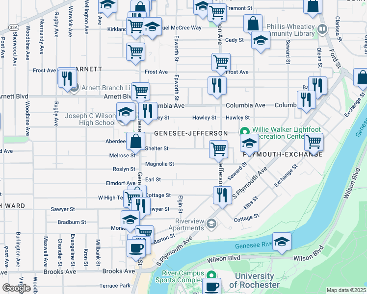 map of restaurants, bars, coffee shops, grocery stores, and more near 112 Shelter Street in Rochester