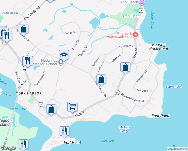 map of restaurants, bars, coffee shops, grocery stores, and more near 171 Woodbridge Road in York