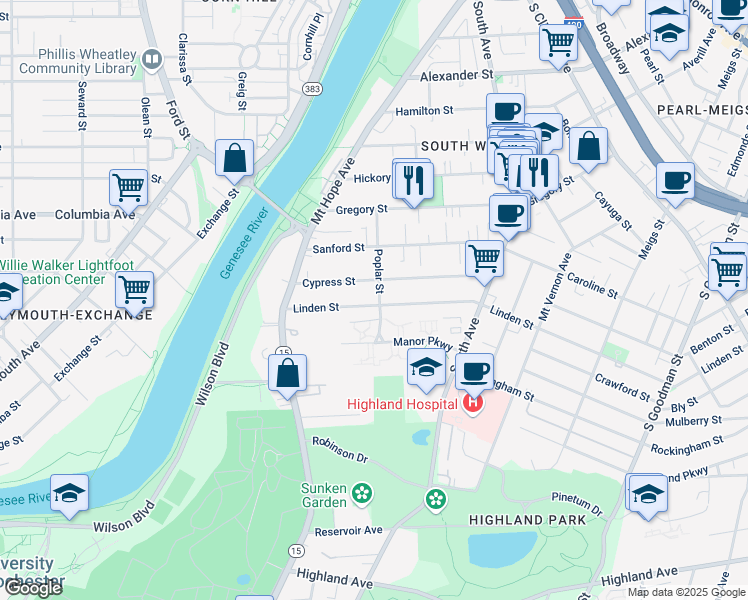 map of restaurants, bars, coffee shops, grocery stores, and more near 145 Linden Street in Rochester