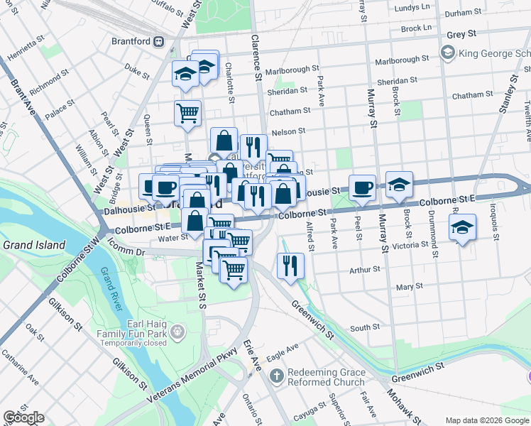 map of restaurants, bars, coffee shops, grocery stores, and more near 274 Colborne Street in Brantford