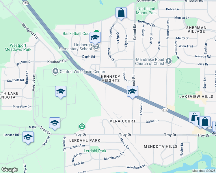 map of restaurants, bars, coffee shops, grocery stores, and more near 1 Northridge Terrace in Madison