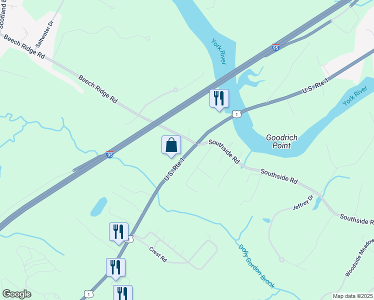 map of restaurants, bars, coffee shops, grocery stores, and more near 111 U.S. 1 in York