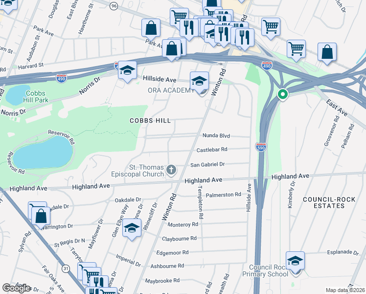 map of restaurants, bars, coffee shops, grocery stores, and more near 165 Castlebar Road in Rochester