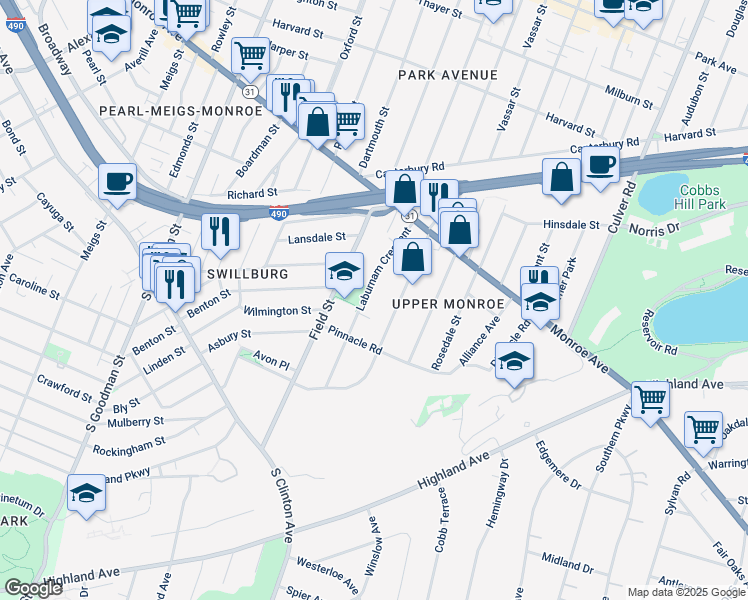 map of restaurants, bars, coffee shops, grocery stores, and more near 141 Crosman Terrace in Rochester