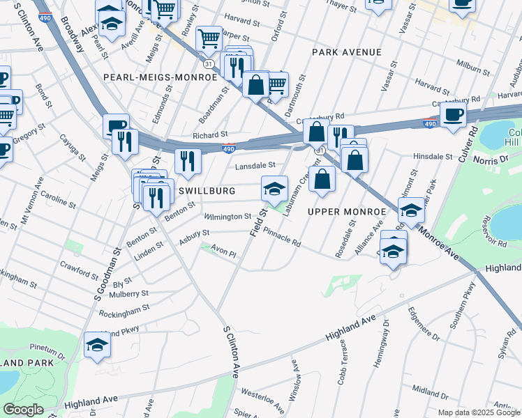 map of restaurants, bars, coffee shops, grocery stores, and more near 201 Field Street in Rochester