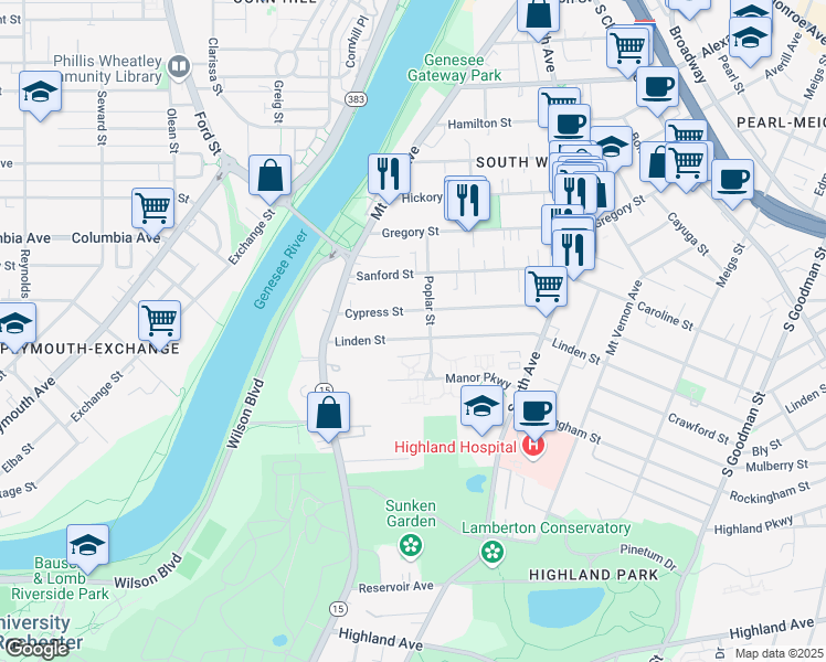 map of restaurants, bars, coffee shops, grocery stores, and more near 109 Linden Street in Rochester