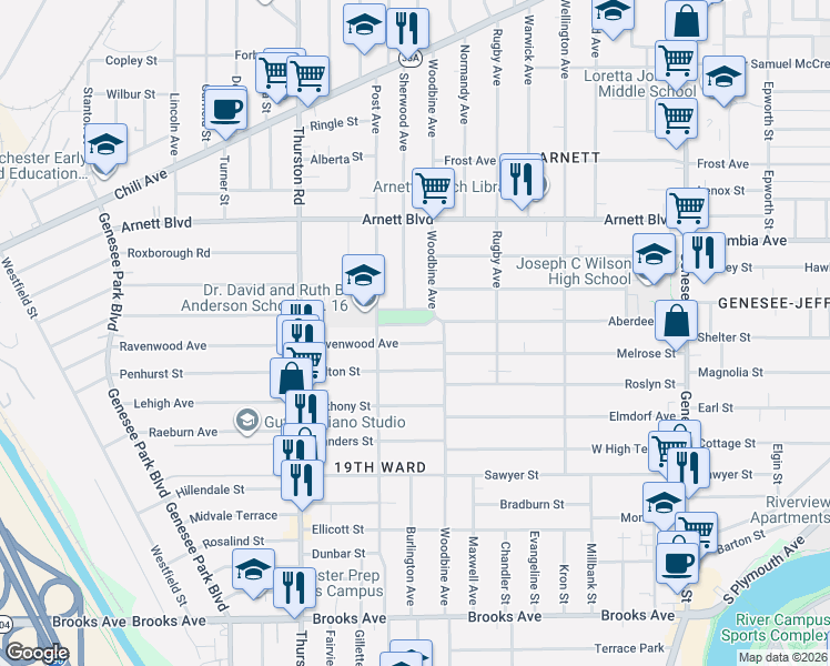 map of restaurants, bars, coffee shops, grocery stores, and more near 35 Ravenwood Avenue in Rochester