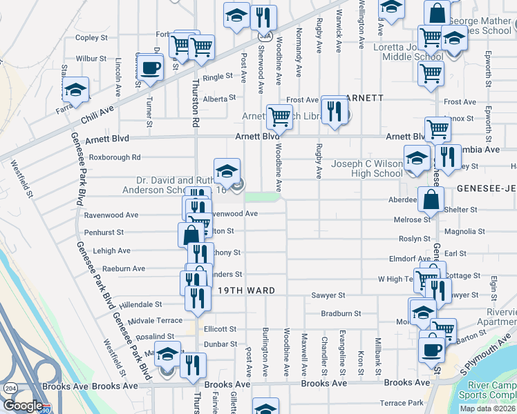 map of restaurants, bars, coffee shops, grocery stores, and more near 55 Ravenwood Avenue in Rochester