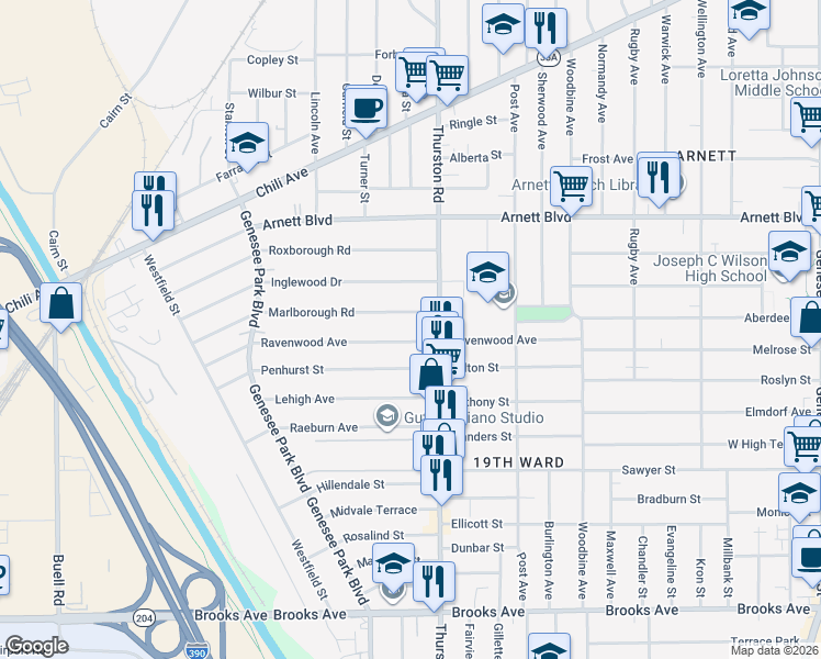 map of restaurants, bars, coffee shops, grocery stores, and more near 215 Ravenwood Avenue in Rochester