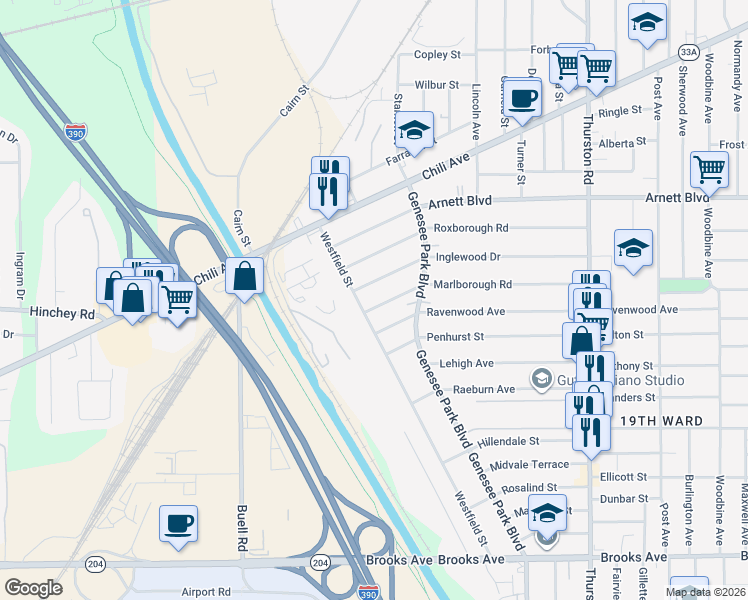 map of restaurants, bars, coffee shops, grocery stores, and more near 480 Ravenwood Avenue in Rochester