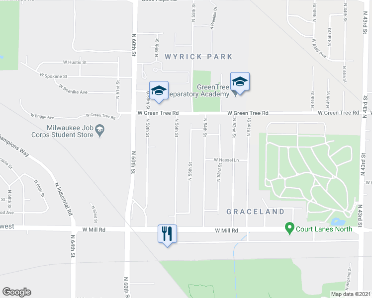 map of restaurants, bars, coffee shops, grocery stores, and more near 6643 North 55th Street in Milwaukee