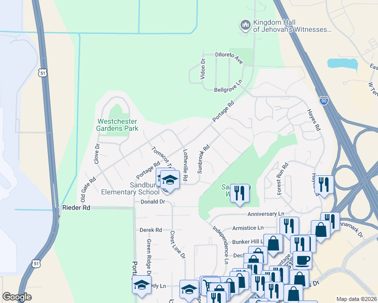 map of restaurants, bars, coffee shops, grocery stores, and more near 3310 Lotheville Road in Madison