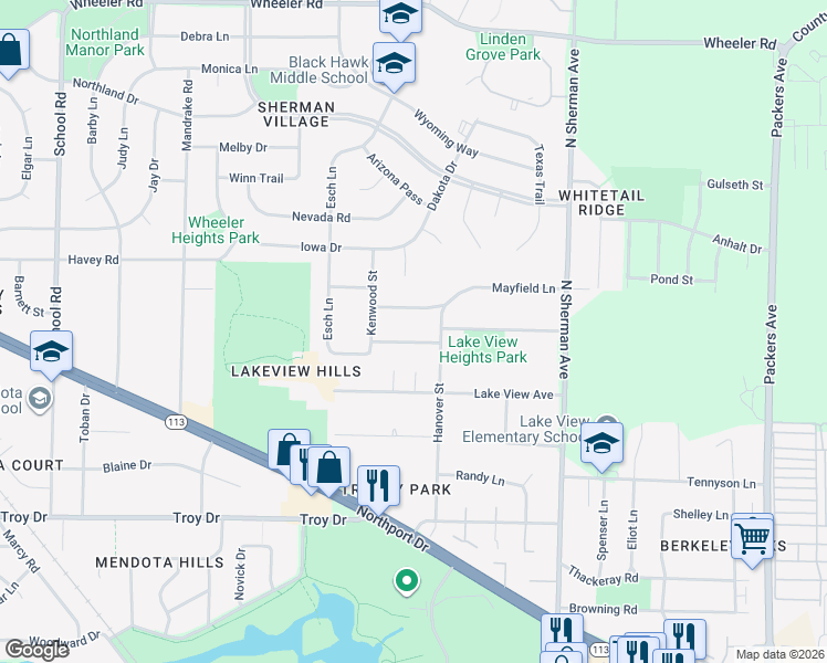 map of restaurants, bars, coffee shops, grocery stores, and more near 1525 Longview Street in Madison