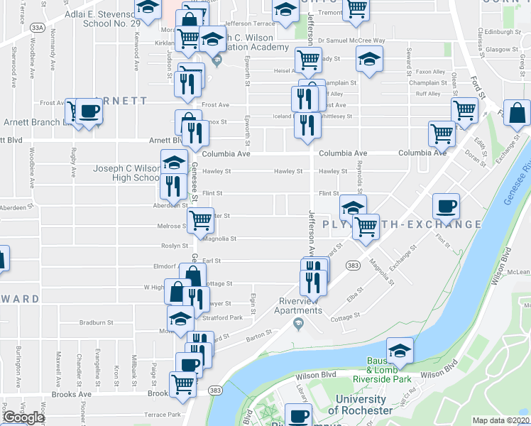 map of restaurants, bars, coffee shops, grocery stores, and more near 96 Shelter Street in Rochester