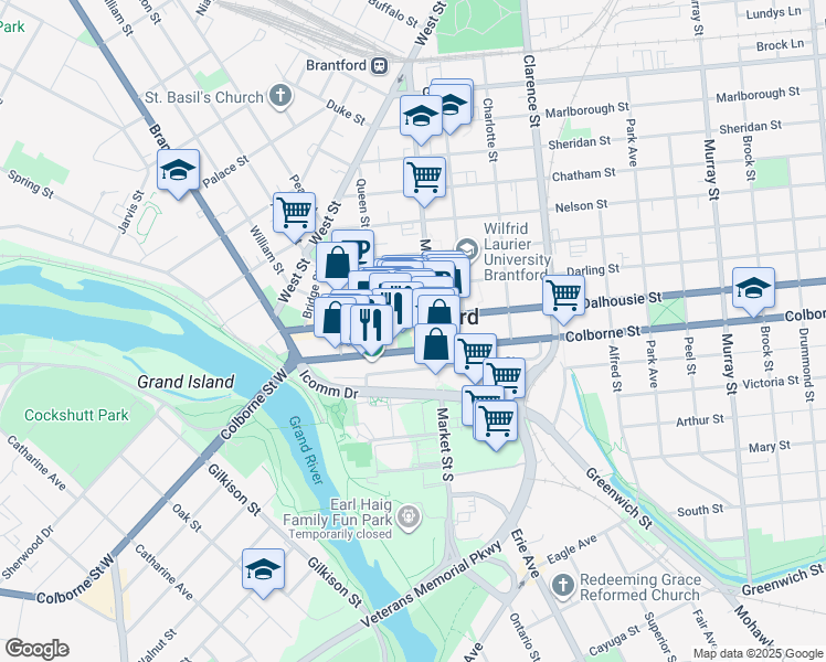 map of restaurants, bars, coffee shops, grocery stores, and more near 150 Colborne Street West in Brantford