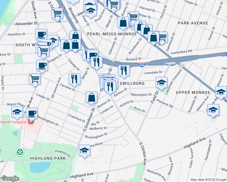 map of restaurants, bars, coffee shops, grocery stores, and more near 497 Caroline Street in Rochester