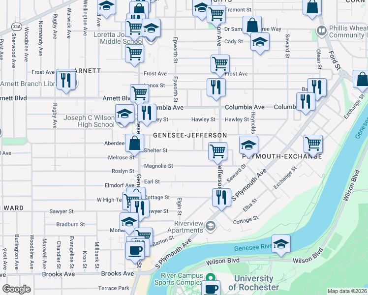 map of restaurants, bars, coffee shops, grocery stores, and more near 123 Shelter Street in Rochester