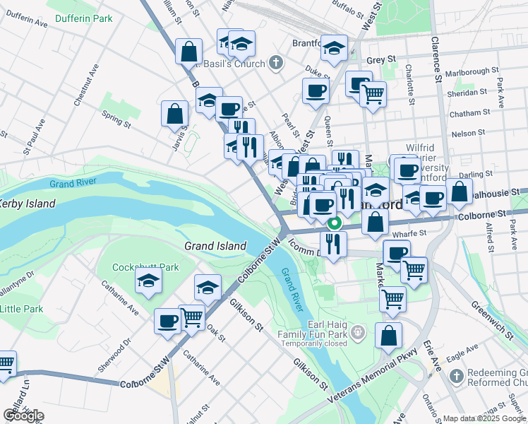 map of restaurants, bars, coffee shops, grocery stores, and more near 6 Brant Avenue in Brantford